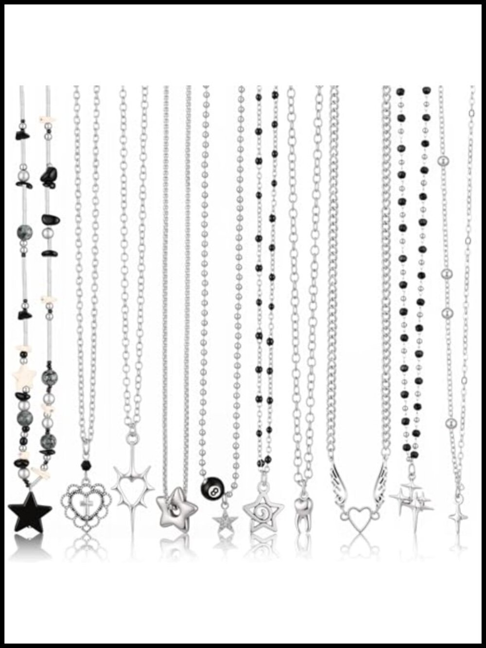 Y2K Gothic Necklace Set 10 Pcs Silver Star Teeth Heart Jewelry for Women Emo